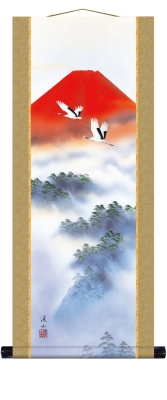 Kakejiku Rollbild AKAFUJI SOUKAKU roter Fuji Kraniche